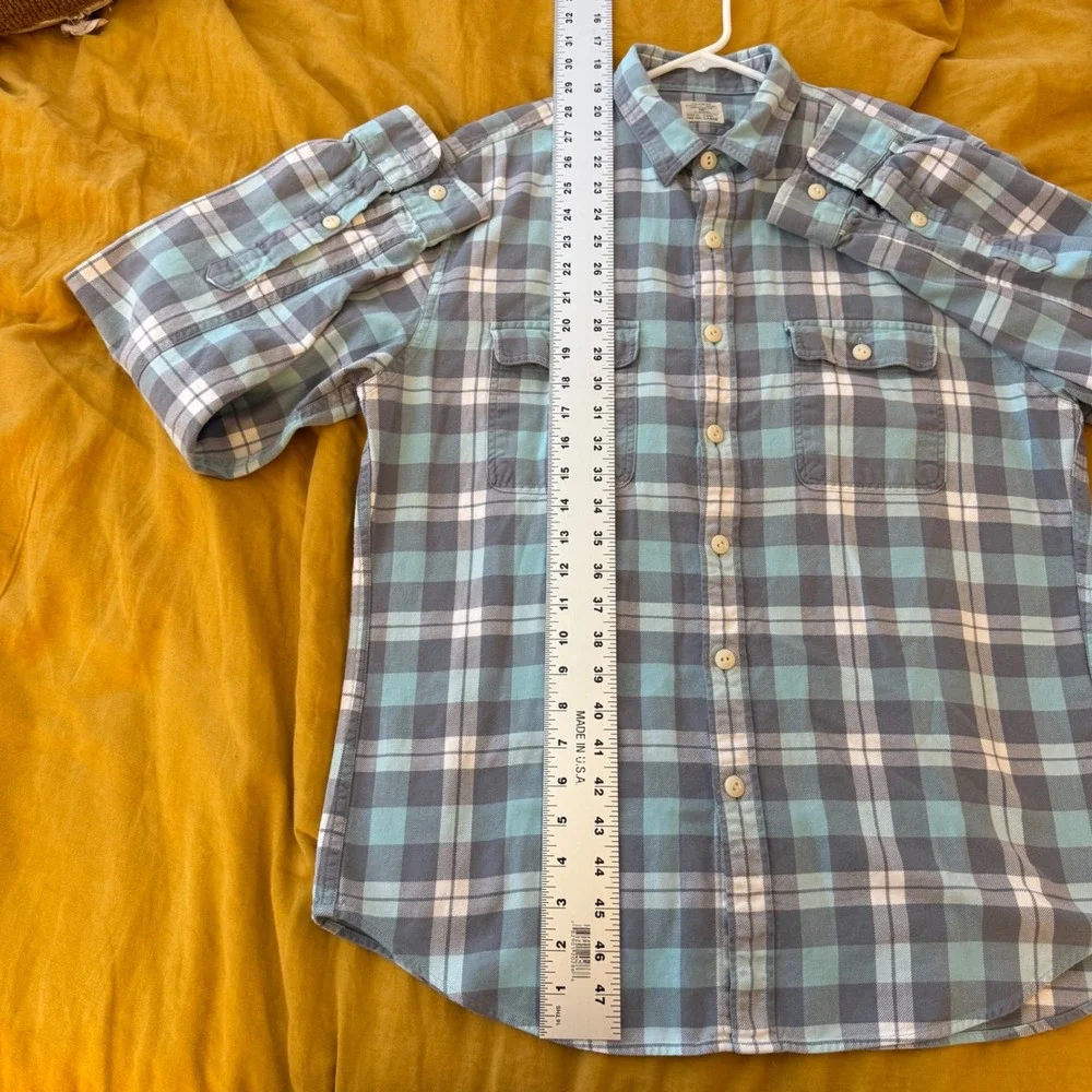 J.Crew Mens Flannel Button Down Shirt Large Teal Grey Plaid Cotton Long Sleeve‎